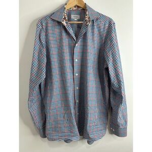 Eton Contemporary Fit Dress Shirt Mens XL 43 17 Blue Red Check Floral Contrast